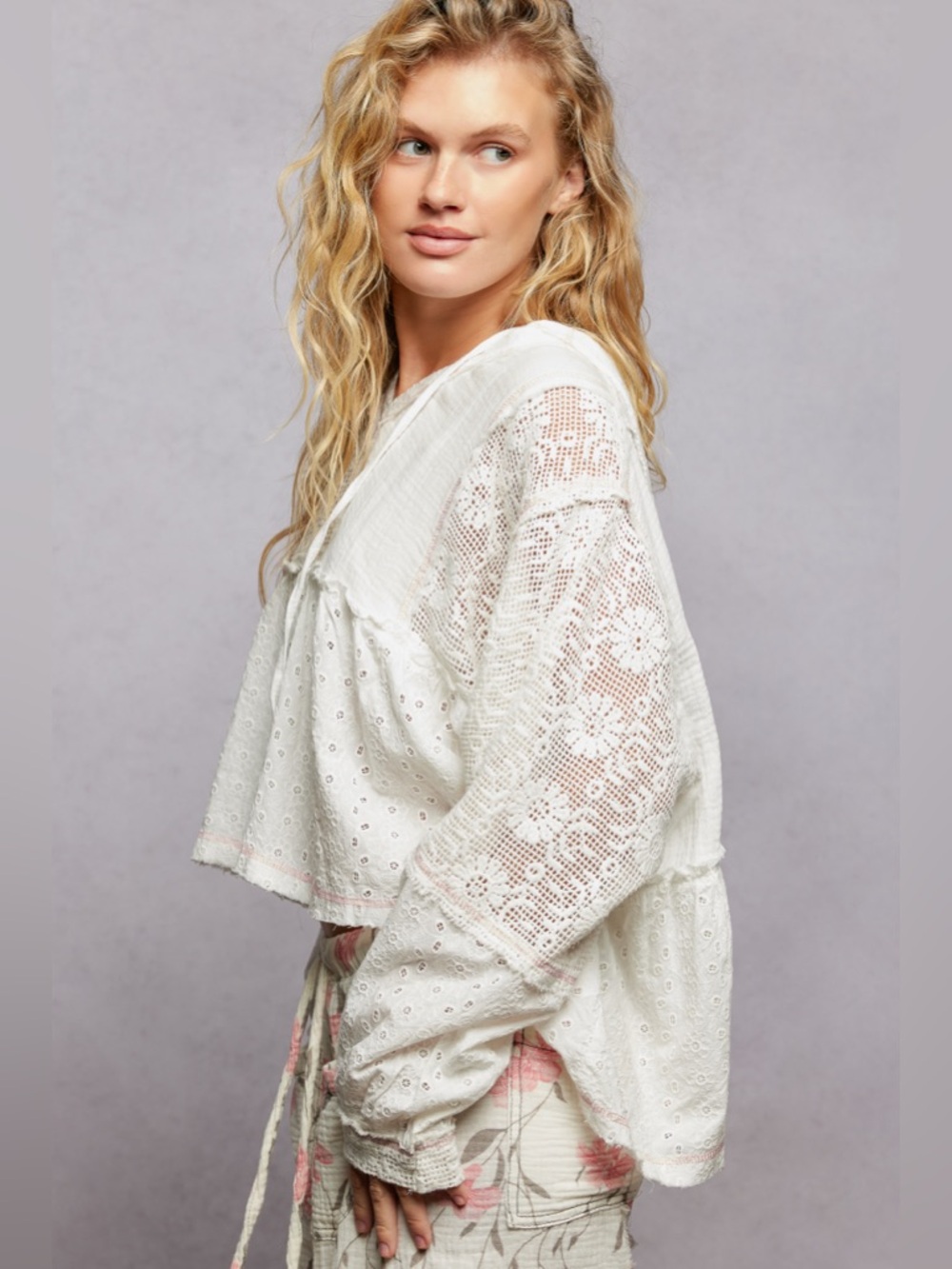⚡️ POL “ Flower Festival Hoodie “ Patchwork Lace Top | White - Picture 4 of 6